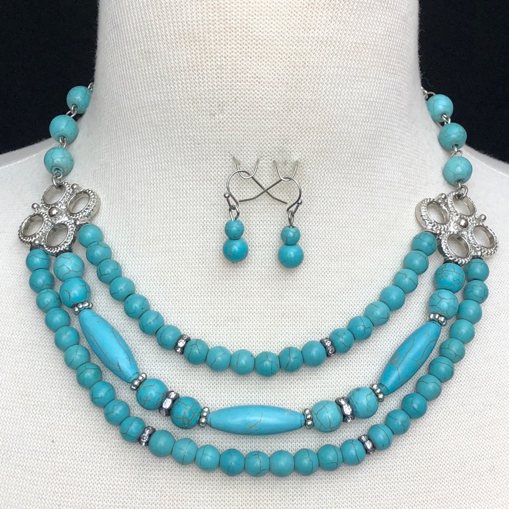 3 Row Layered Turquoise Stone Necklace Earring Set